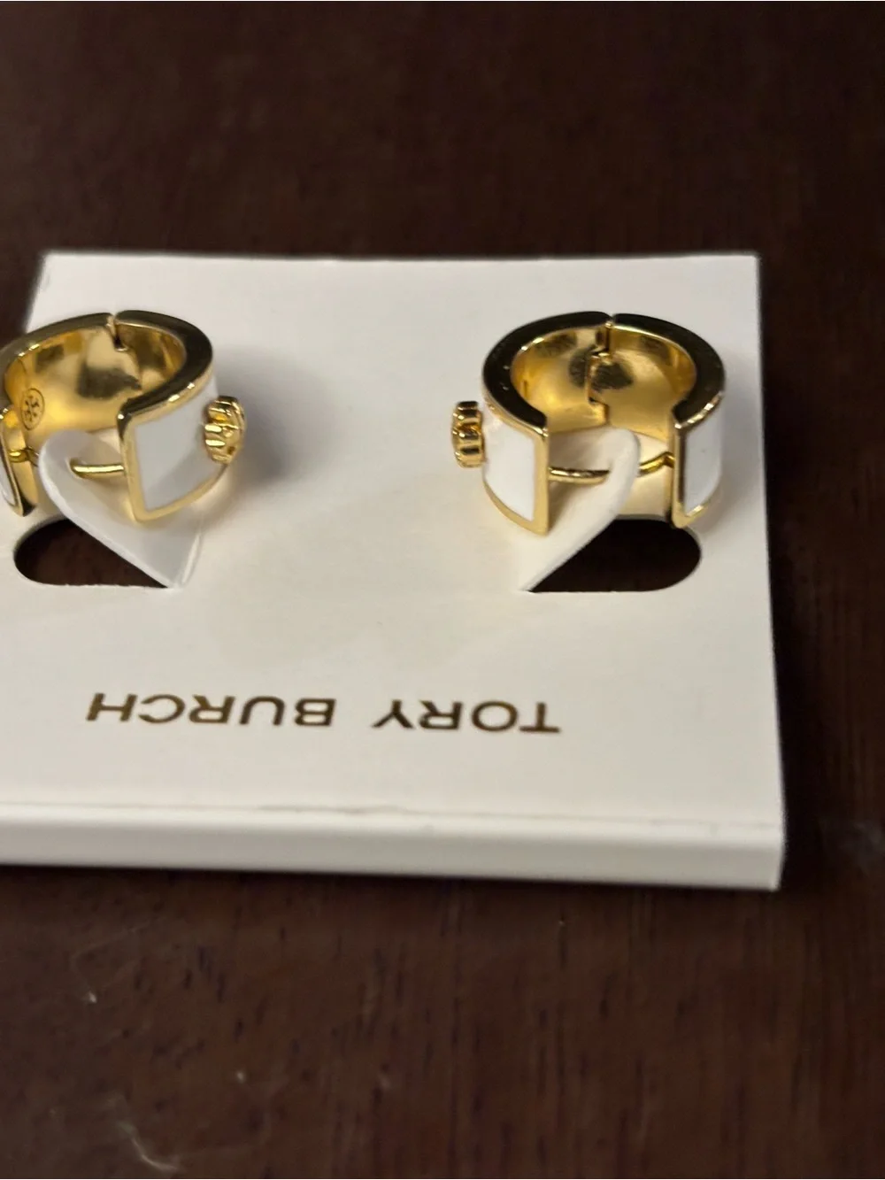 Tory Burch Shiny Gold Mini Hoop Earrings with white enamel brand new
